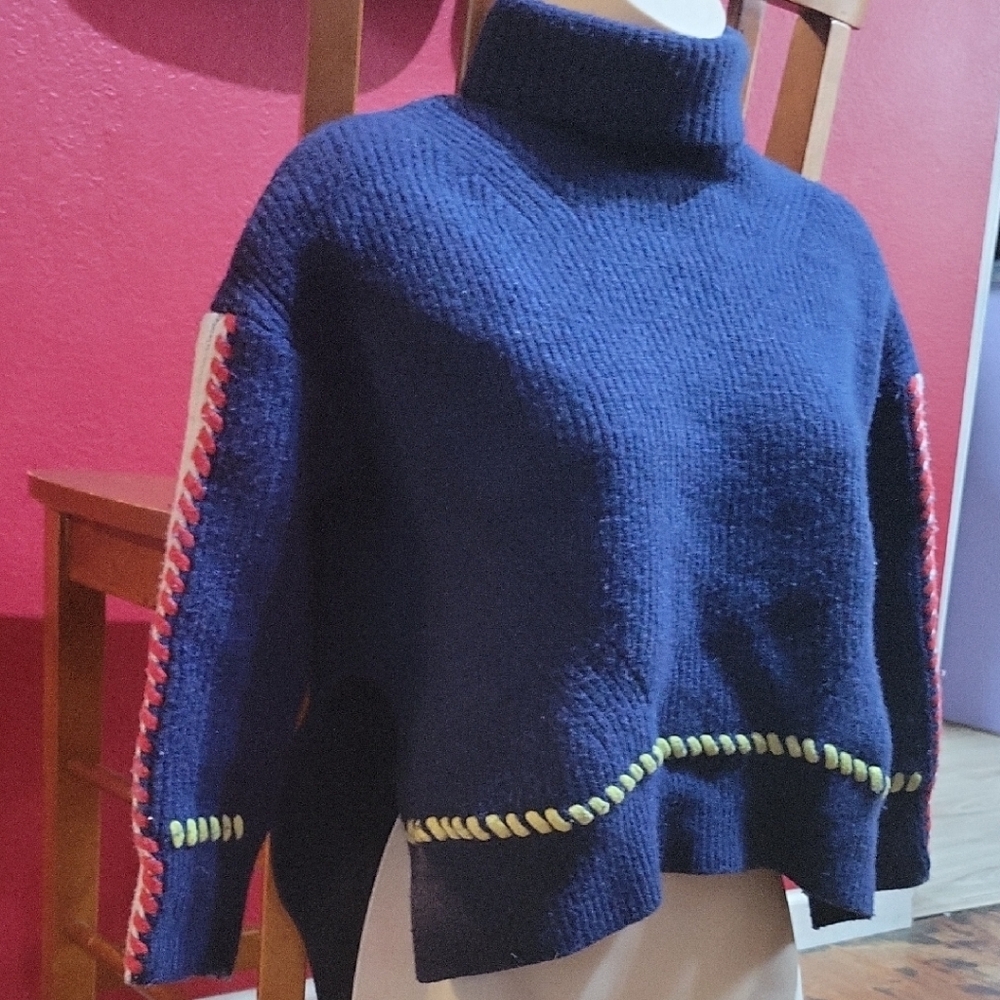Navy Blue Wool Turtleneck Sweater with Colorful Accents